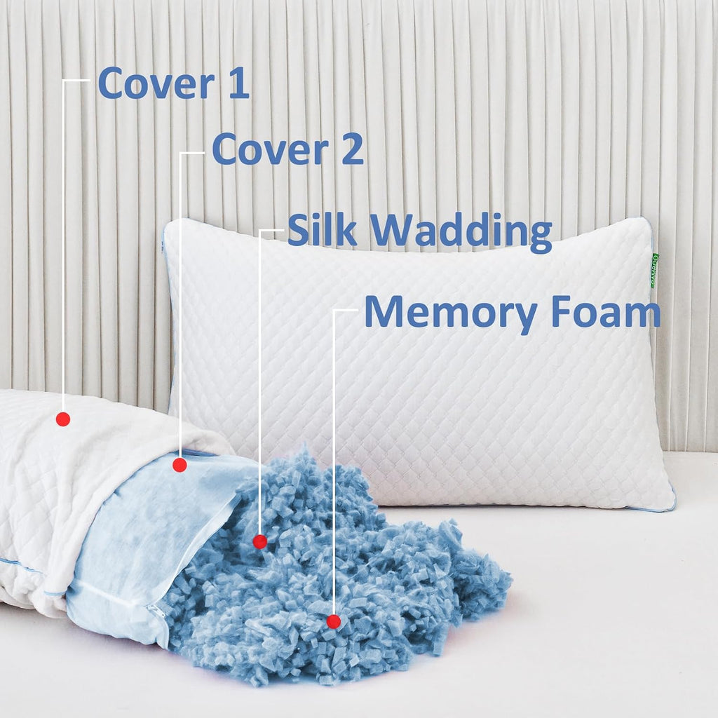 Shredded Memory Foam Pillows for Sleeping 2 Pack - Cooling Bed Pillows Standard Size Set of 2 - Firm Pillow for Side