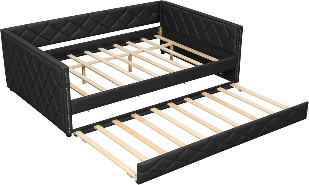 Full XL Size Daybed with Trundle, PU Leather Day Bed Frame | Black PU leather upholstered trundle bed with backrest