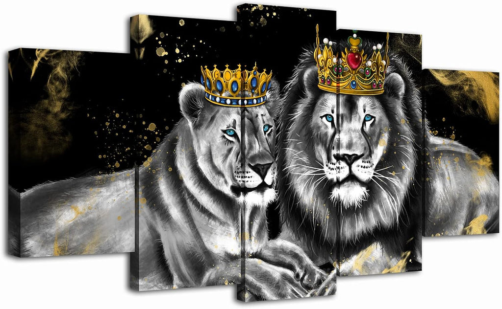5 Piece Lion and Lioness Canvas Wall Art King and Queen with Golden Crown African Animal Painting Artwork Bedroom