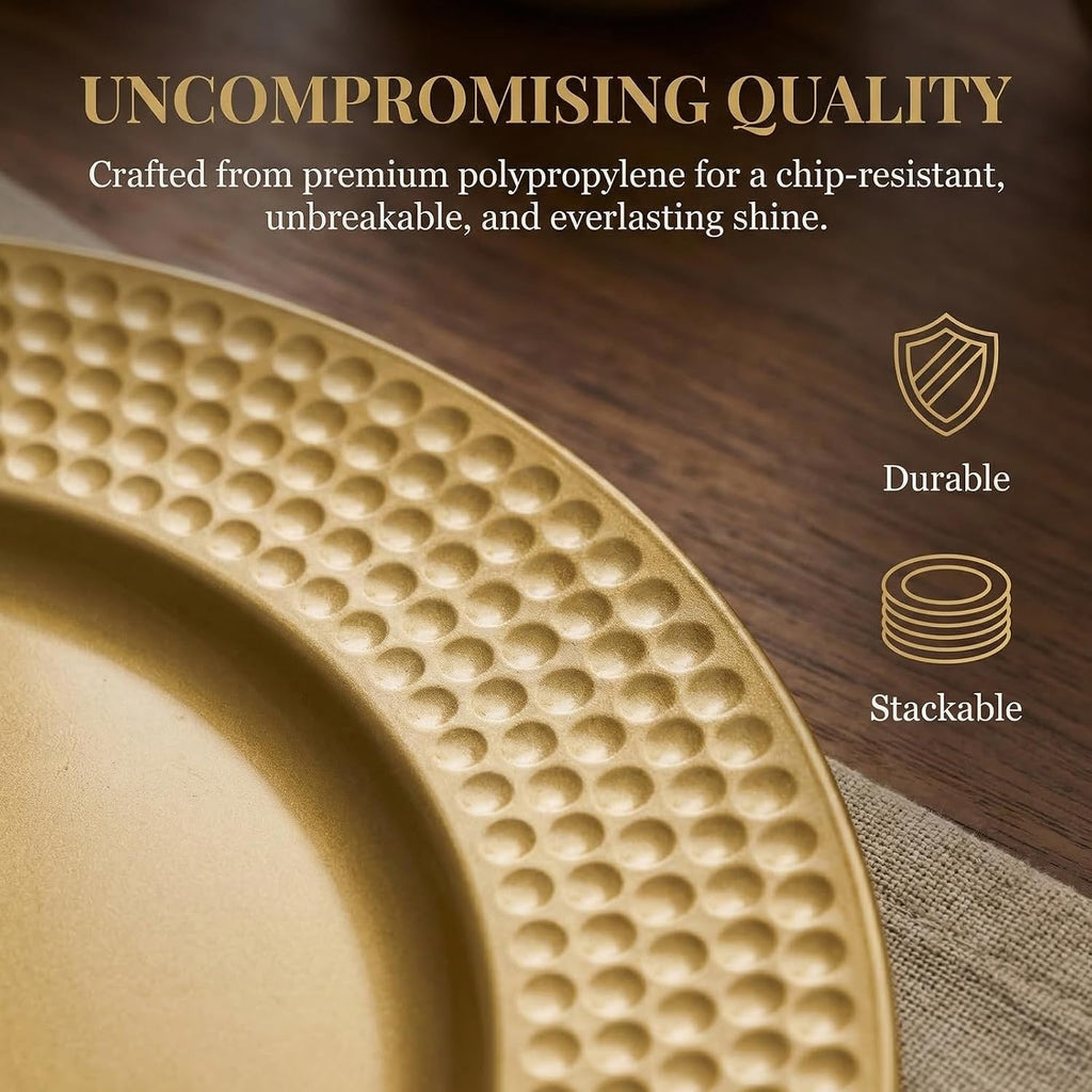Gold Charger Plates, 13 Inch Round Charger Plates with Hammered Rim, Plastic Charger Plate for Wedding Dinner - Set of 12