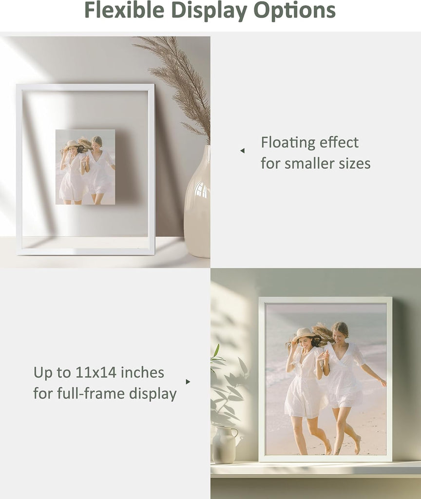 Floating 11x14 Picture Frame White Double Glass Frame Set of 2 | Tempered Double Glass, Wall Display, Pressed Flower
