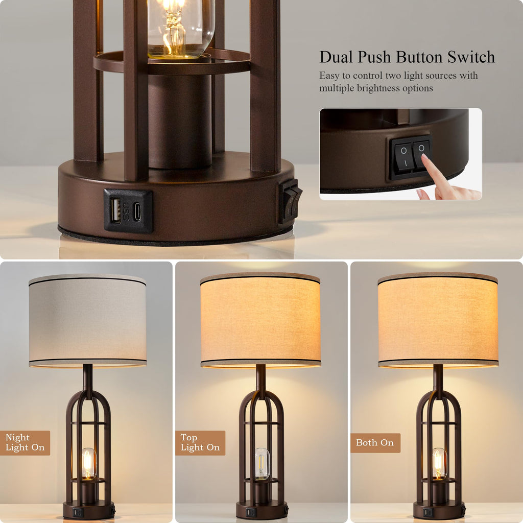 24" Farmhouse Table Lamps Bedroom Set of 2, USB A+C