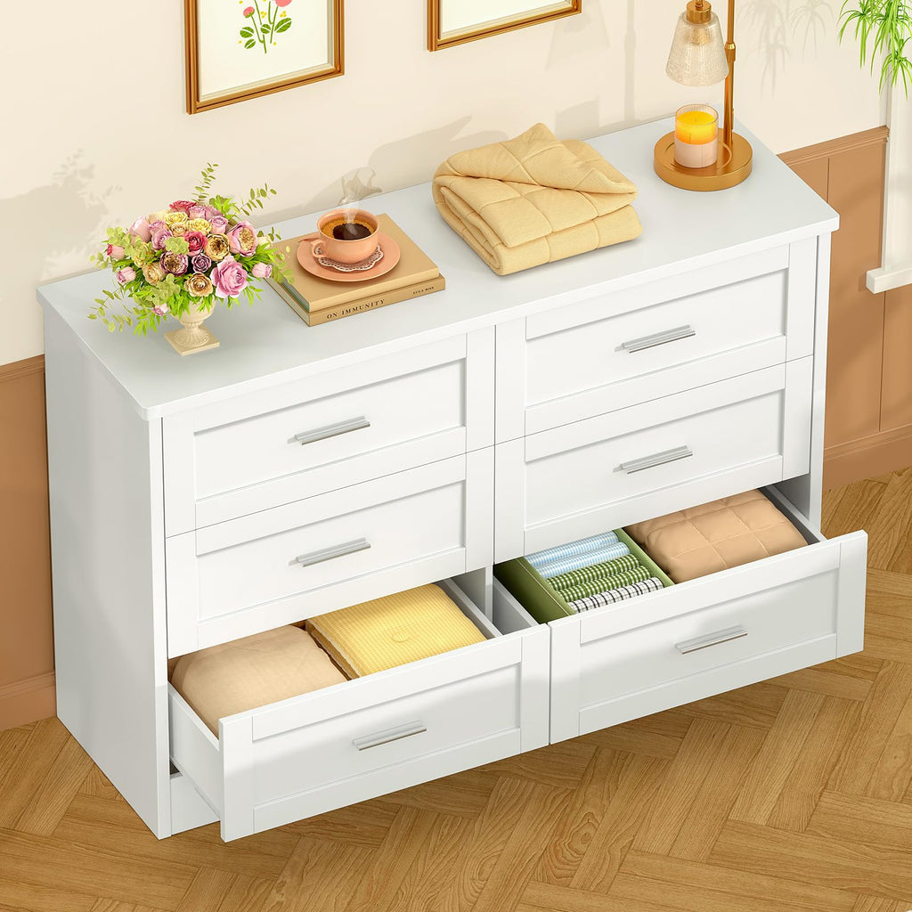 42.1"W White Dresser, Modern 6 Drawer Dresser with Metal Handles, Wood Dressers & Chest of Drawers, Wooden Closet