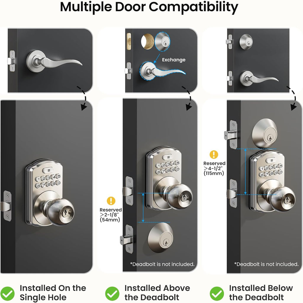 Keypad Door Knob, Keyless Entry Lock with Handle, Satin Nickel