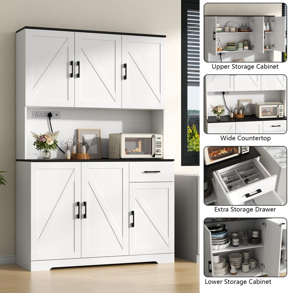 71'' Farmhouse Kitchen Pantry Cabinet, Tall Storage Cabinet with Power Outlet, Freestanding Hutch with Drawer, 4