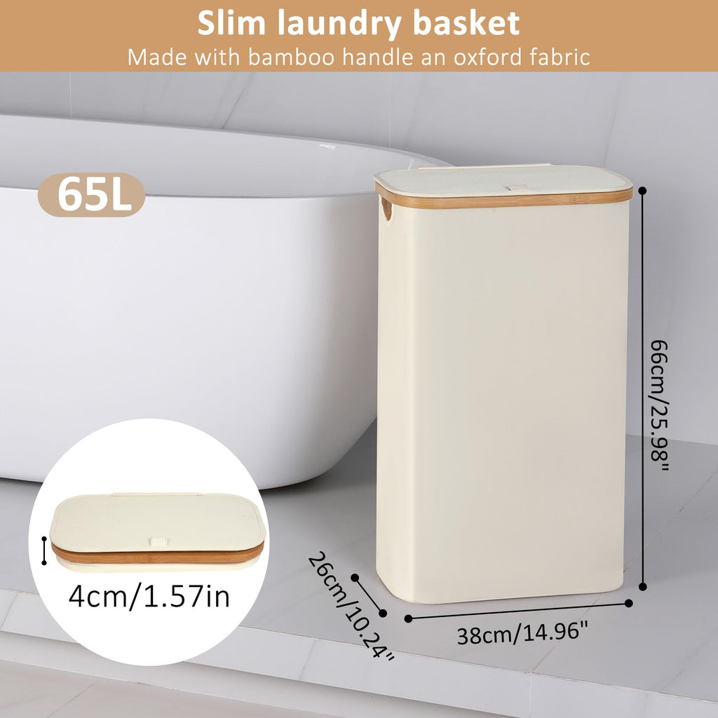65L Slim Laundry Hamper, Narrow Laundry Basket with Lid,Foldable Clothes Hamper with Bamboo Handles,Hamper Basket