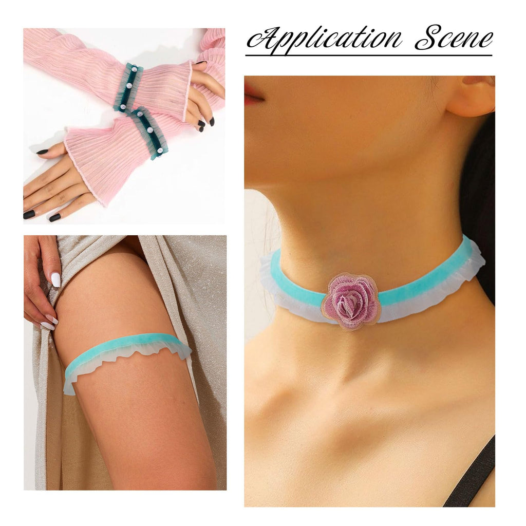 1 Roll Velvet Ruffle Lace Trims 5/8 inch Turquoise Elastic Lace Ribbons 6 Yards Pleated Velvet Organza Ribbon for