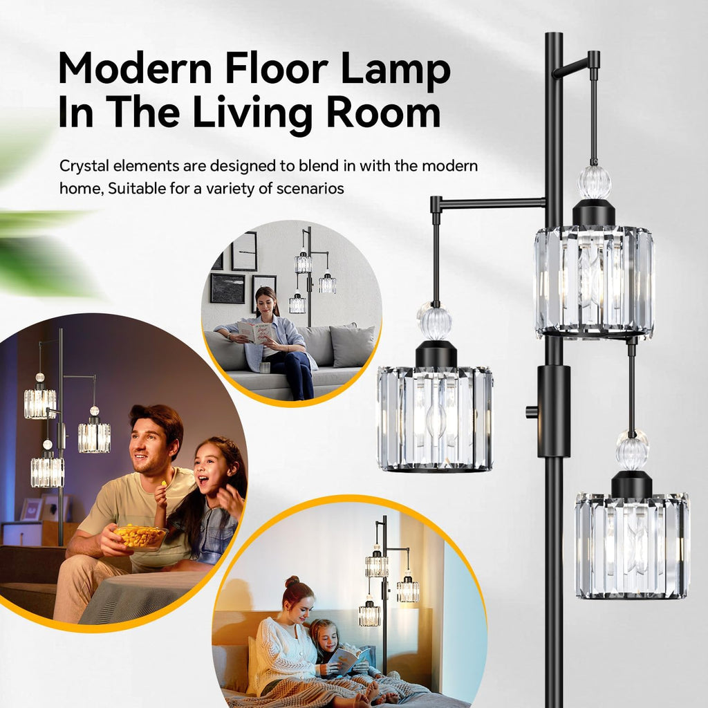 Black Tree Floor Lamp with 3 Crystal Cage Lampshades & Dimmable Bulbs - 70" Vintage Glam Standing Lamp Bedroom