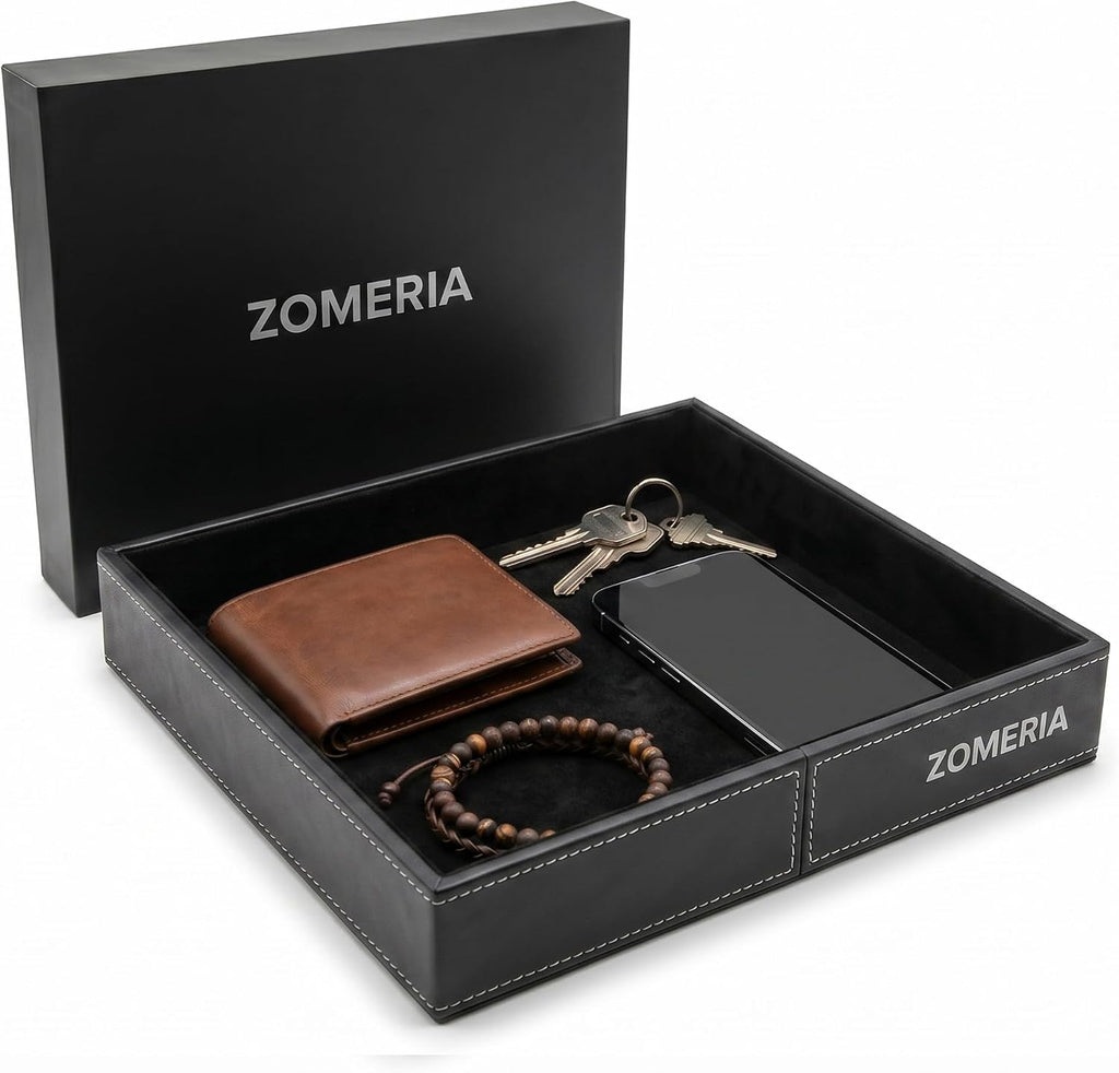 Valet Tray for Men - Premium Vegan Leather Nightstand Organizer and Catchall Tray for Wallet, Phone, Keys, Watch