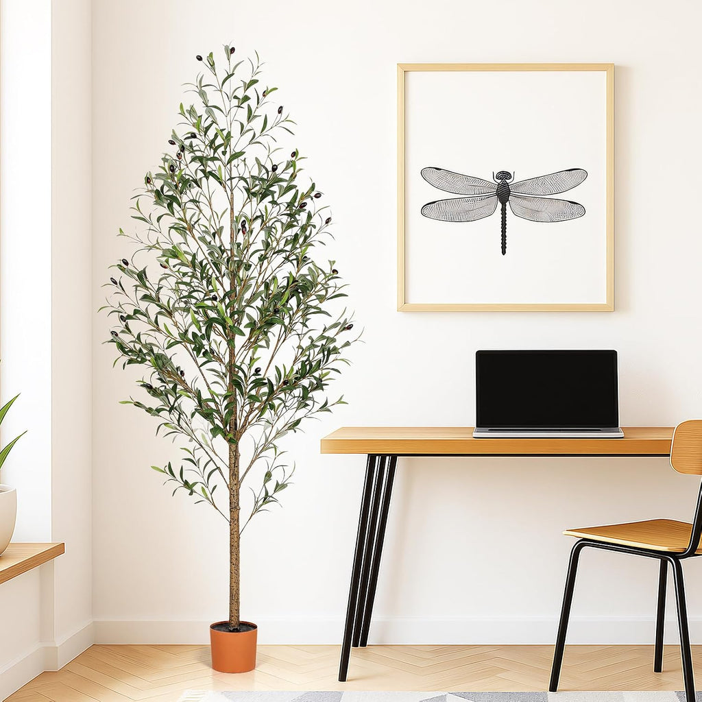 7FT Artificial Olive Tree Indoor Tall Realistic Faux Olive Tree with Plastic Planter, Fake Silk Tree with Handcrafted