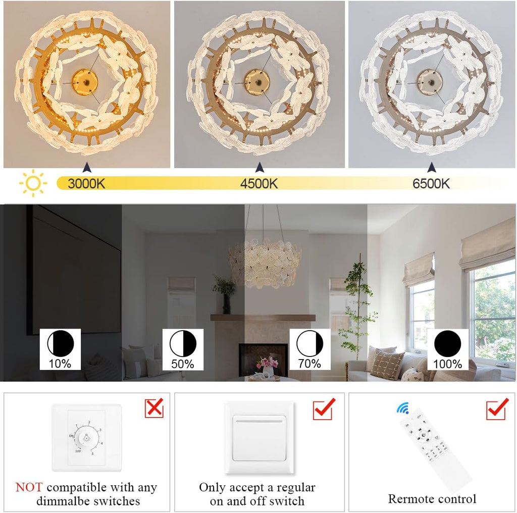 Flower Elegant Crystal LED Chandelier D20'' Brushed Gold Contemporary for Dining Room Dimmable Flush Mount High