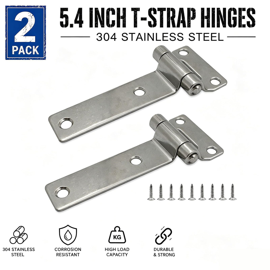 2 Pack 5.4 Inch T-Strap Hinges, 304 Stainless Steel Heavy Duty Tee Gate Hinges with Mounting Screws, Hinge Rust