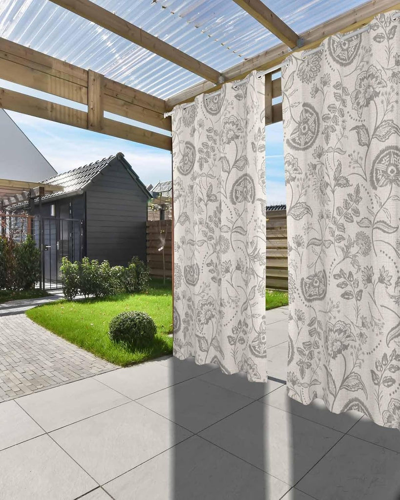 Outdoor Curtains Waterproof, Farmhouse Light Grey Floral Linen Boho Paisley Flower Rustic Grommet Weatherproof
