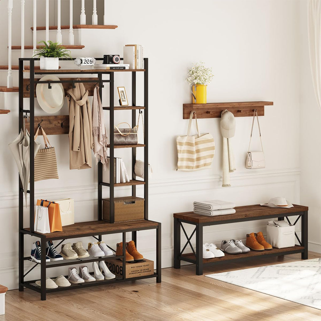 Entryway Bench with Storage, 2 Tier Rustic Shoe Bench, 47 inch