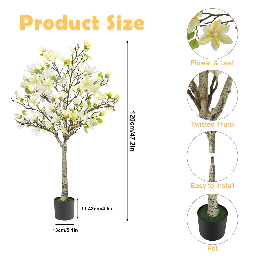 4FT Faux Magnolia Tree in Black Pot, White Artificial Plant, Room