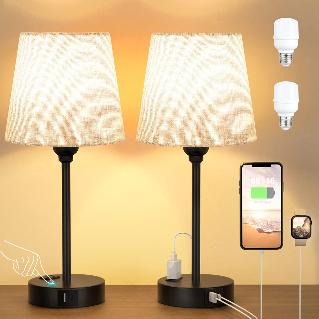 Grey Bedside Lamps Set 2 - Dimmable Touch, USB C+A, AC Outlet