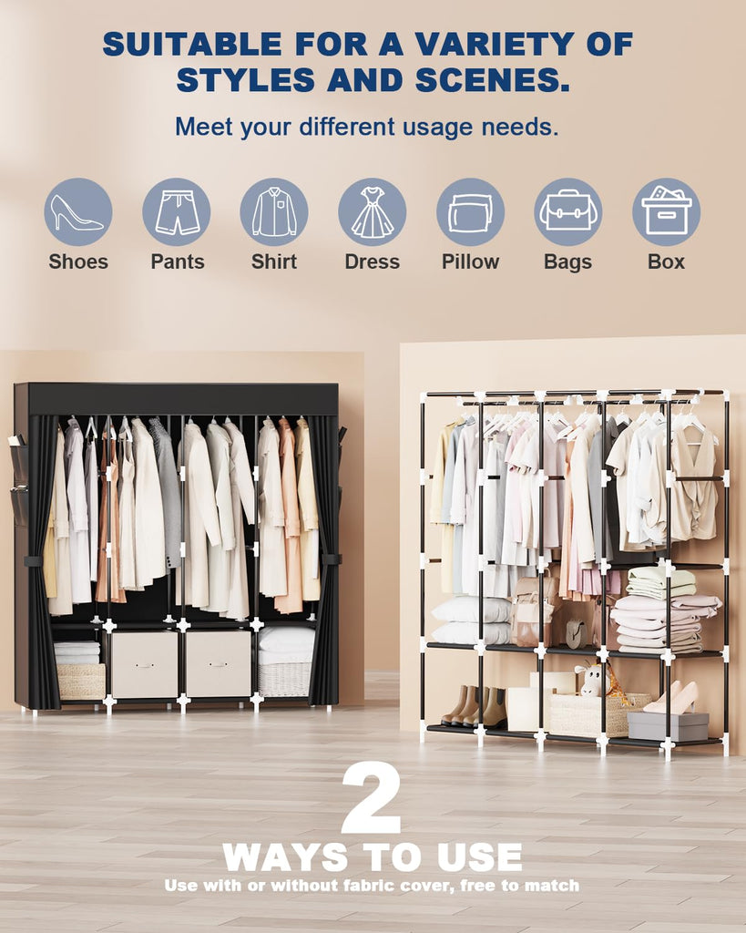 Clothes Organizer with 4 Hanging Rods, Portable Closet Wardrobe, Non-Woven Fabric Cover, Large Capacity Storage