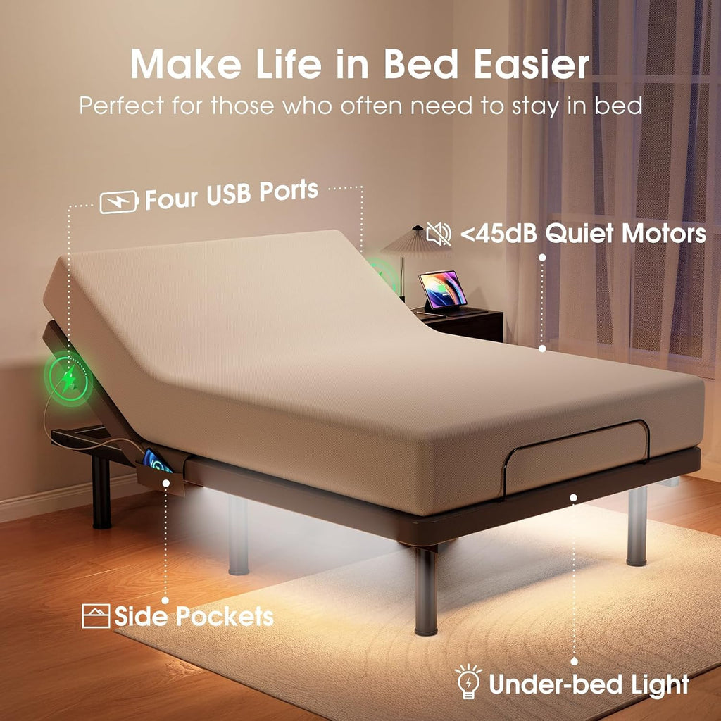 Split King Adjustable Bed Frame with Massage, Ergonomic Head & Foot Incline - Luxury Zero Gravity Electric Base - Set of 2
