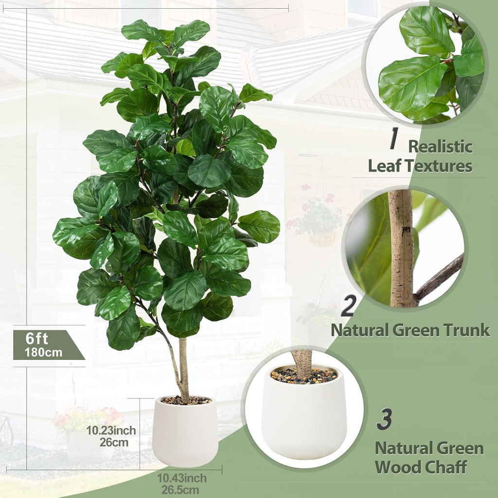 Faux Fiddle Leaf Fig Tree 6ft Tall Indoor Fake Tree in White Pot with 106 Leaves Artificial Ficus Lyrata House Plant