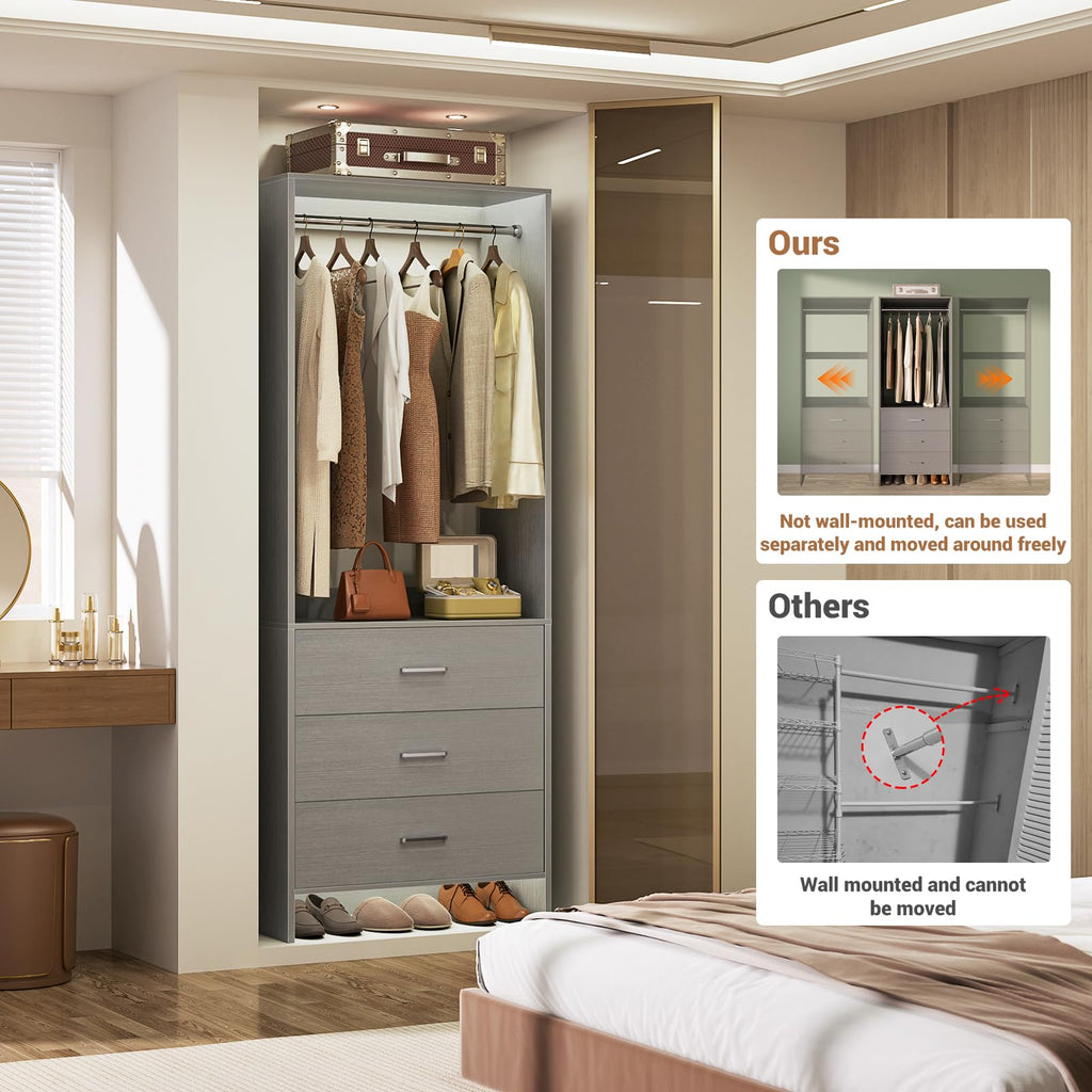 1.8FT Closet System with Drawers, 21.5'' Closet Organizer, Grey