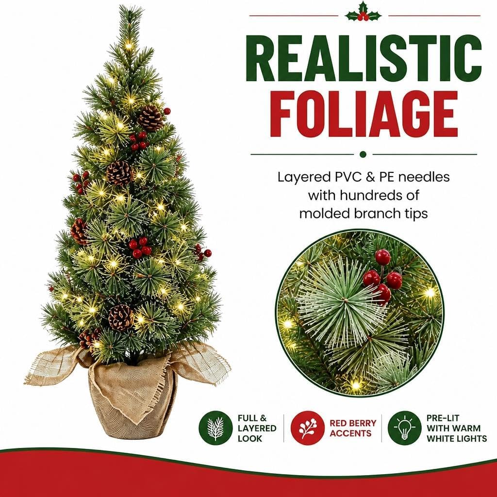 3FT Prelit Artificial Christmas Tree with 78 Lights & Burlap Base, 1 pcs