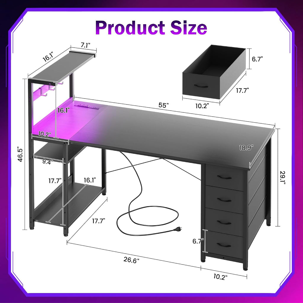 55in Gaming Computer Desk with Drawers & Storage Shelf & Iron Hook, Black | LED Light, Power Outlet, Reversible