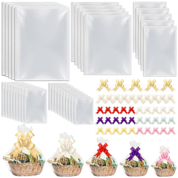 75PCS Clear Cellophane Bag for Gift Baskets 5 Sizes with Pull Bows