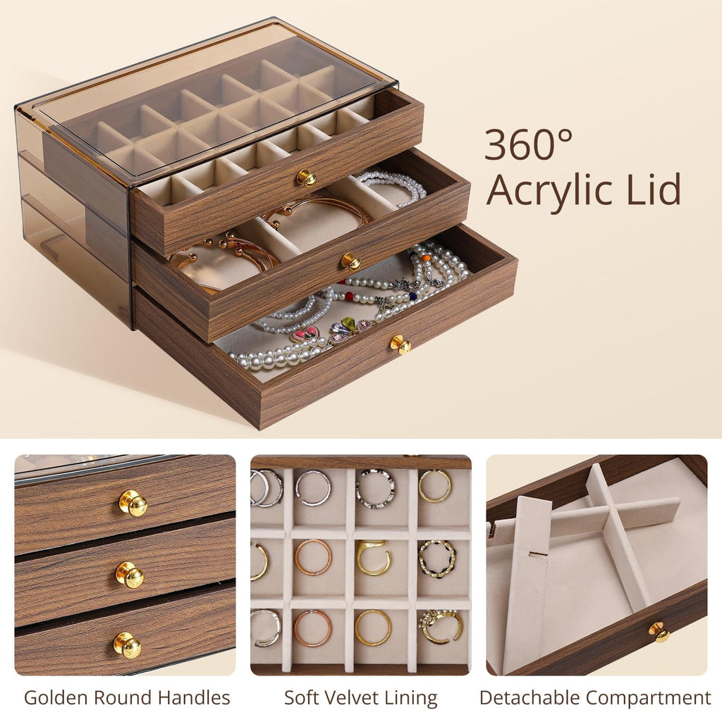 3 Layer Wooden Drawers Jewelry Box Vintage Style Jewelry Organizer with Acrylic Cover, Jewelry Storage Display Box
