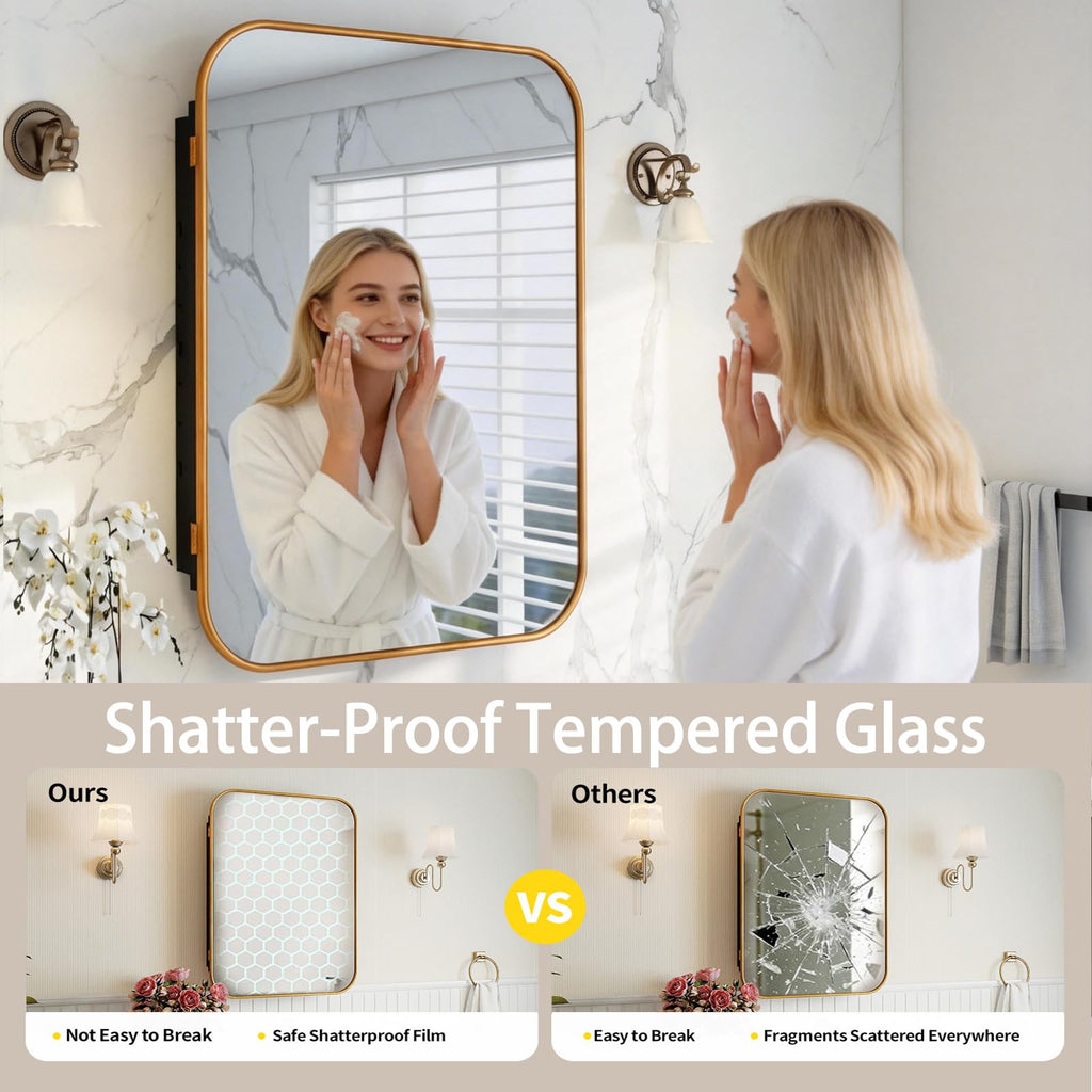 16"x24" Gold Bathroom Medicine Cabinet Rounded Rectangle Mirror