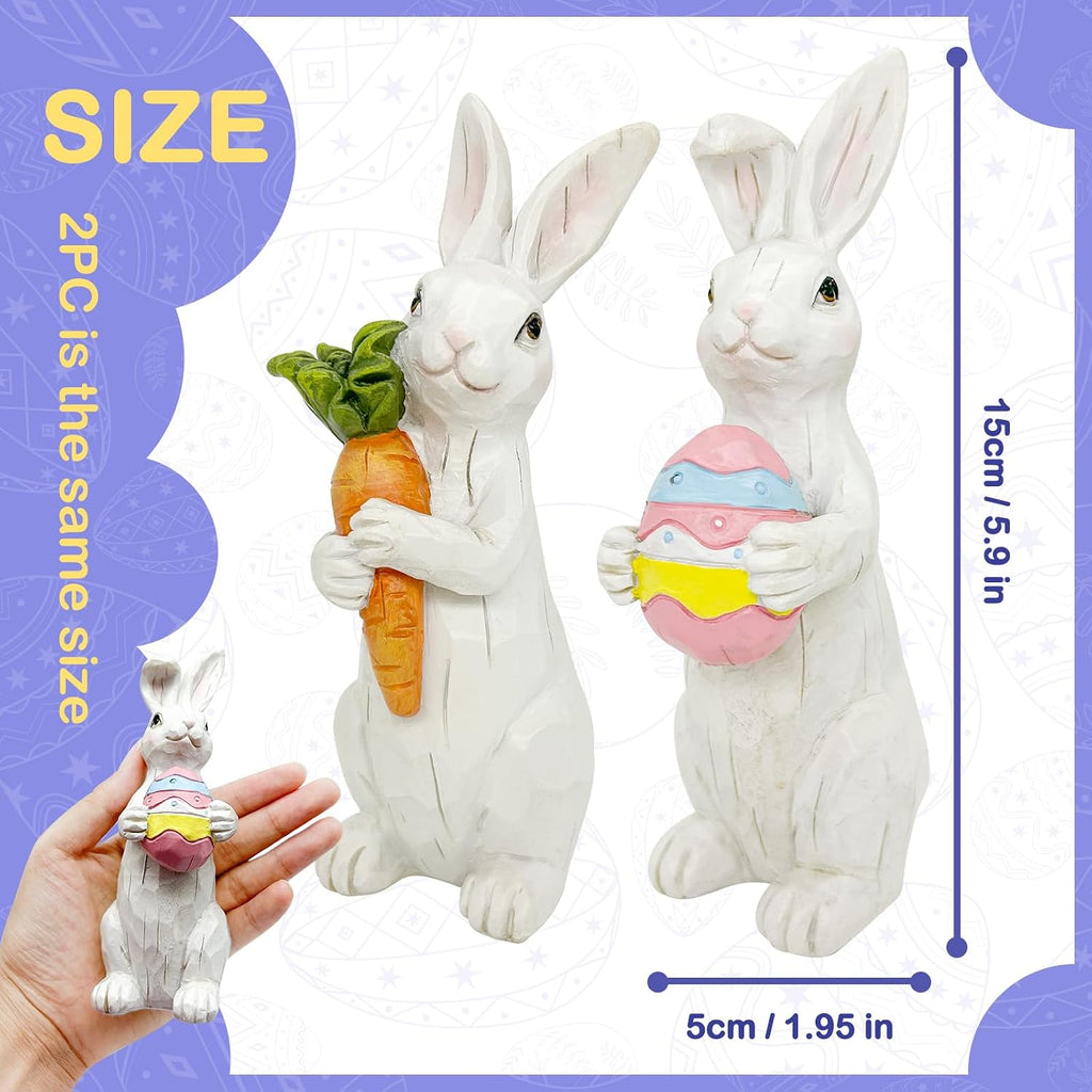 Easter Decorations Easter Bunny Decor Spring Decorations Resin Rabbits Statues with Carrot and Egg Tabletop - Set of 2
