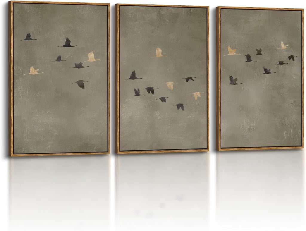 Extra Large Framed Canvas Wall Art, Living Room Minimalist Abstract Neutral Decor, Sage Green, 3 Pcs Flying Birds