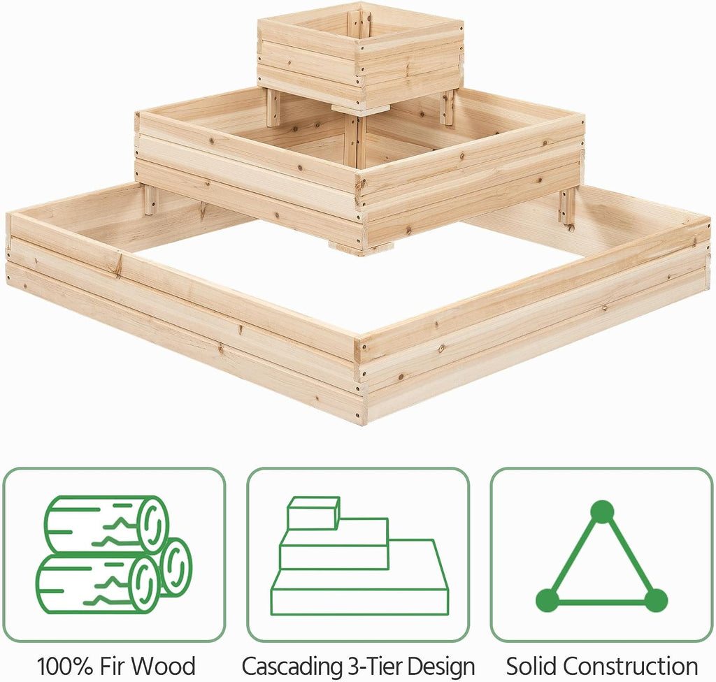 3 Tier Wooden Raised Garden Bed Open-Bottom Planter Box, 1Pcs | 3-tier planter saves space, open-bottom for deep