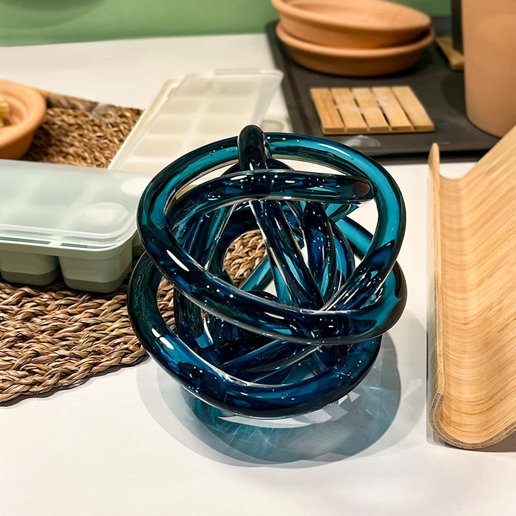 Glass Knot Teal Decor Ball - 5 Inch Hand Blown Infinity Sculpture Orbit Home Decor Table Decoration Interio Art