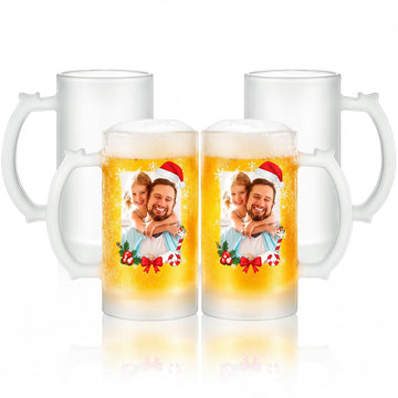 4 Pcs 16 oz Sublimation Frosted Beer Mugs with Handle, Christmas