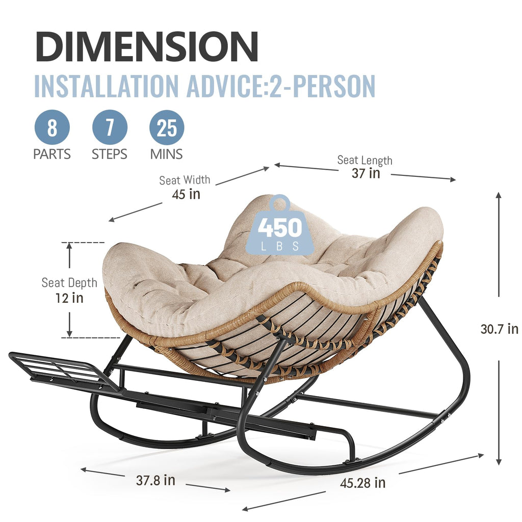 Papasan Rocking Chair with Footrest, Outdoor Wicker Egg Rocker, Khaki