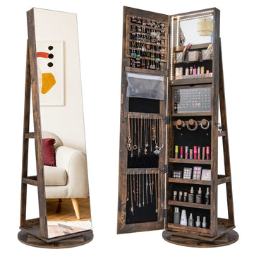 360° Rotating Jewelry Cabinet with Full-Length Mirror, Standing Jewelry Armoire with 3-Color LED Light and Back