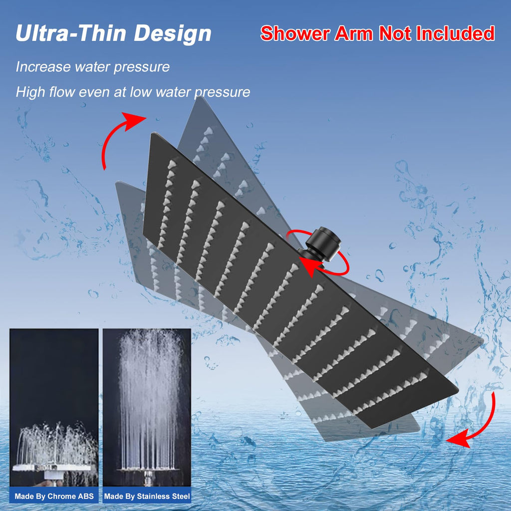 Rain Shower Head, High Flow Stainless Steel Square Rainfall Shower, High Pressure Design, Awesome Shower Experience