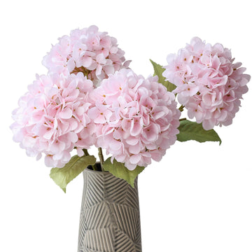4Pcs Pink Artificial Hydrangea Flowers Large Fake Silk Hydrangea Flower with Leaves Stems Realistic Faux Hydrangeas