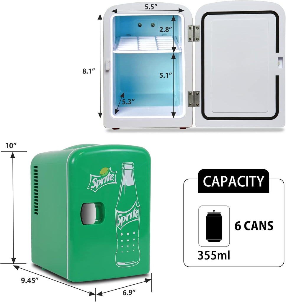 Sprite Mini Fridge - 6 Can Refrigerator for Bedroom Office, Portable Table Top Beverage Cooler, 12V 110V Refrigerador