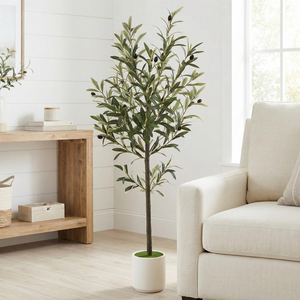 4ft Spherical Fake Olive Tree Artificial Indoor, Faux Olive Tree with Pot, Large Olive Branches and Lifelike Fruits