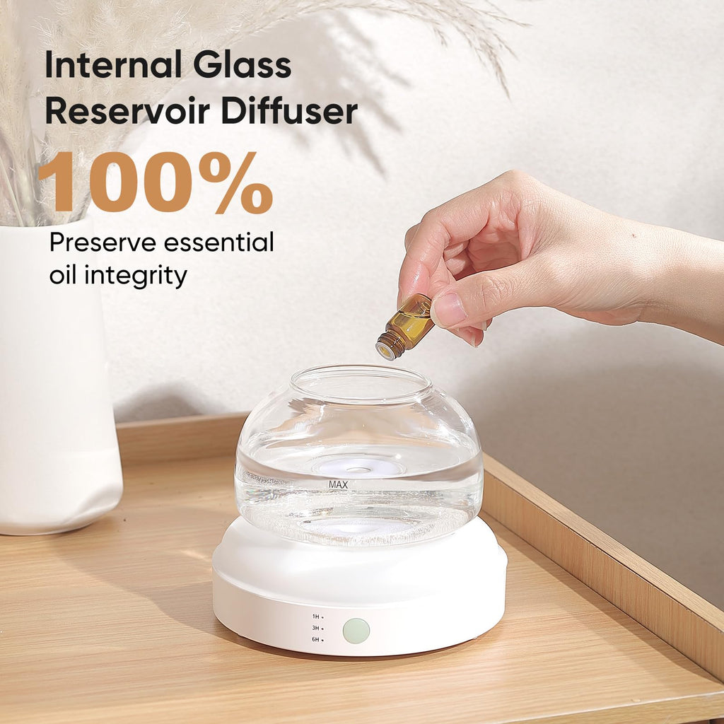 Glass Essential Oil Diffuser, 200ml Ultrasonic Aroma Diffusers with Glass Reservoir Dome & White Plastic Base Lock
