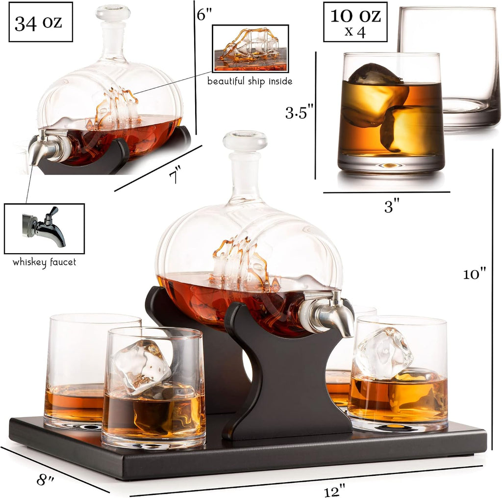 Whiskey Decanter Barrel Set - 1000ml Liquor Dispenser - 4 Glasses - Ship in a Bottle Bar Gifts - Set of 6