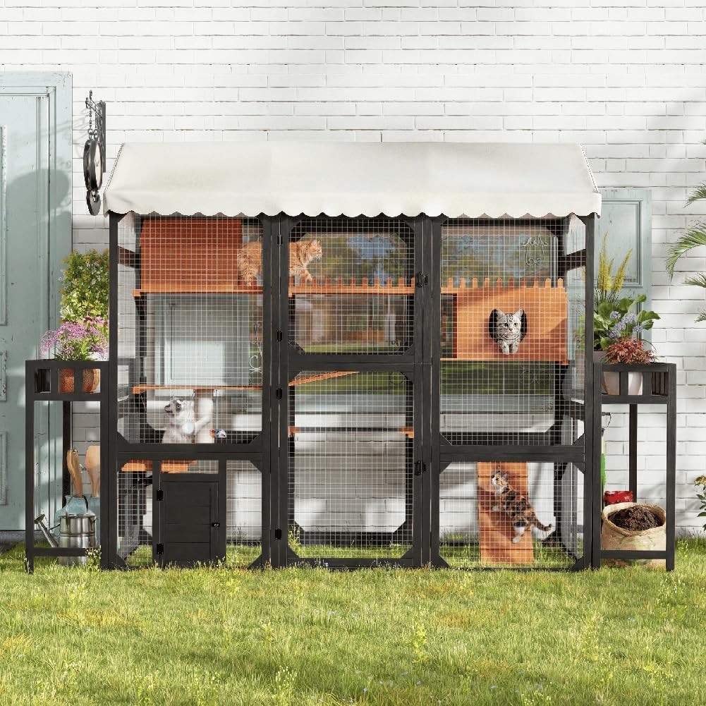 107" Large Outdoor Cat Enclosure with Plant Stands, Wooden Cat Patio with Ramps, Bridge, Outdoor Cat House, Sleeping