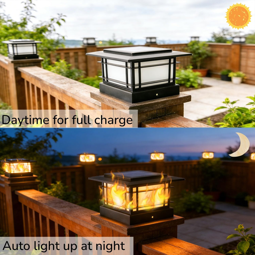 4x4 Solar Post Cap Lights Outdoor with Flickering Flame Light, 12 Pack Black Shell Fence Post Solar Lights Fit