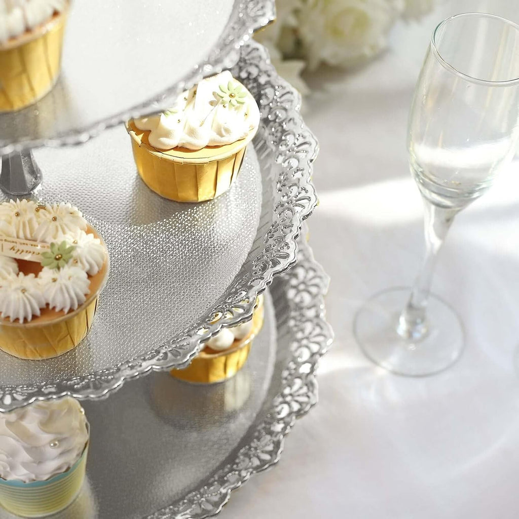 3-Tier Silver Cupcake Stand Lace Cut Scalloped Edge Dessert Tower, Decorative Baby Shower Pastry Display - 15" Tall - Set of 3