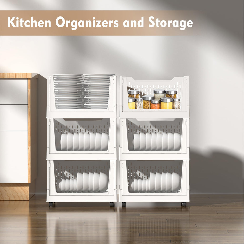 Stackable Plastic Storage Basket, 3 Pack Foldable Closet Organizers and Storage Bins with Wheels, Collapsible Drawer