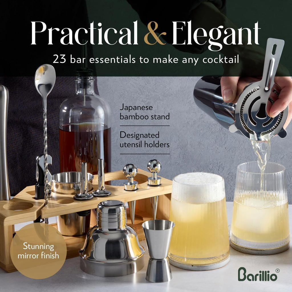Bartender Kit - Stainless-Steel Cocktail Shaker Set w/Bamboo Stand - Mixology Bar Tools w/Drink Shaker, Mixer Spoon & - Set of 23