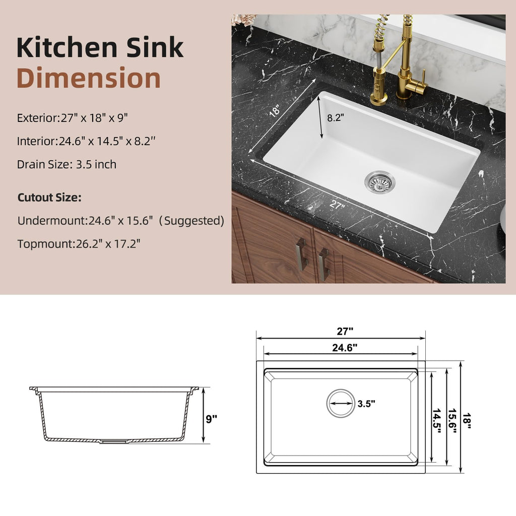 White Undermount Kitchen Sink 27 Inch, 27 x 18 Dual Mount Granite Composite Workstation Kitchen Sink, Deep Single