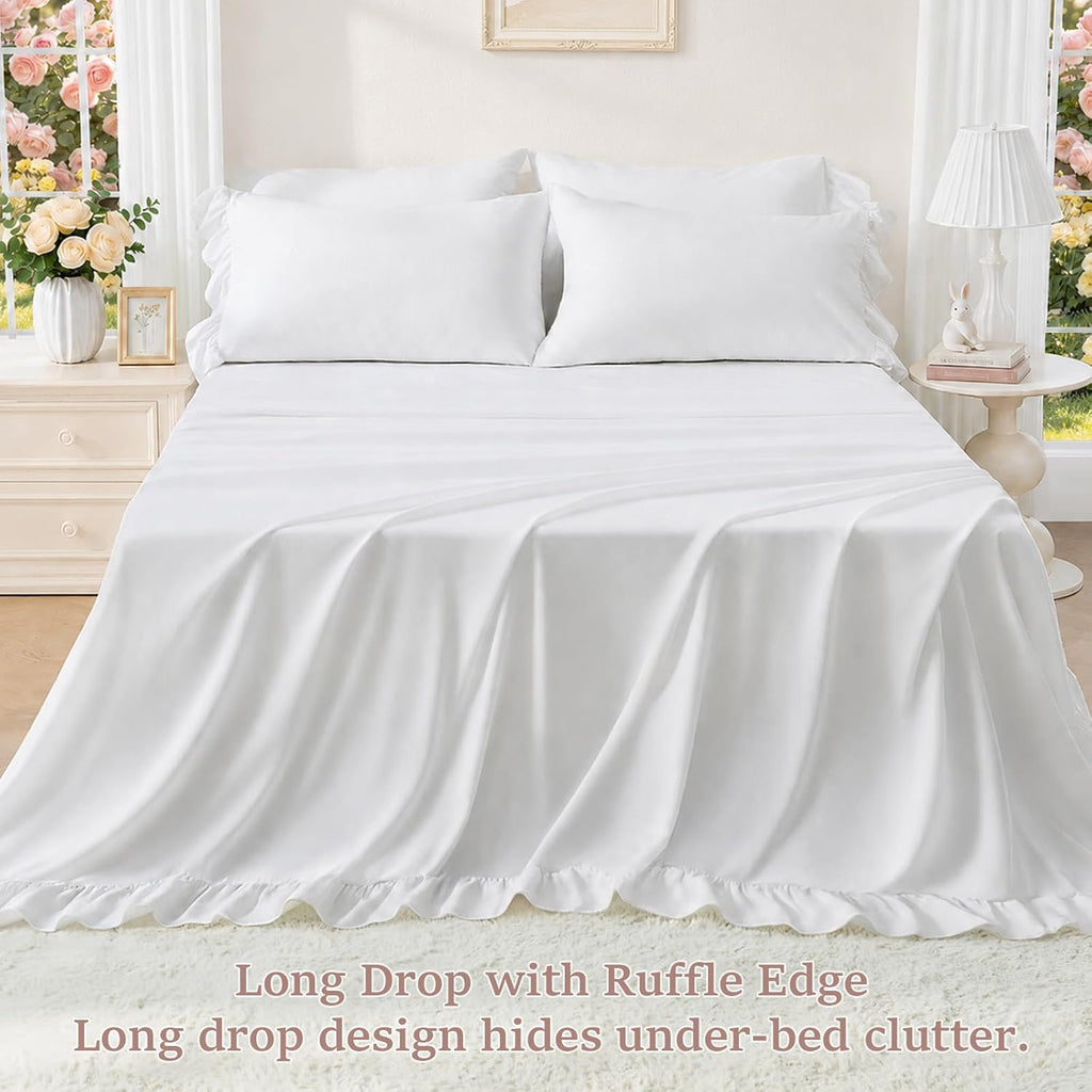 Twin Sheets 4 Pieces - White Sheets with 4-Inch Ruffles Bed Skirt | Soft Washed Microfiber Twin Sheets Set for Girls