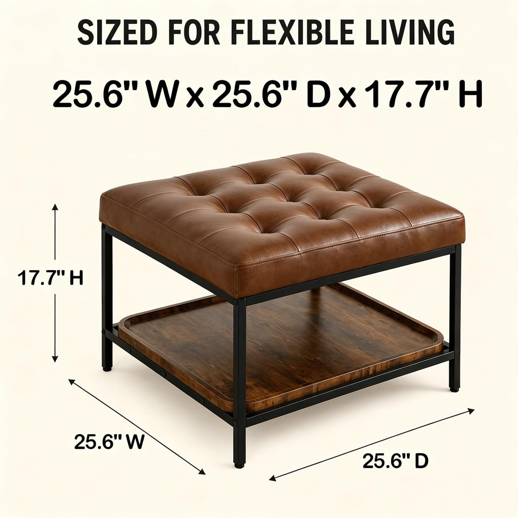 Square Ottoman Coffee Table with Storage Bench, Brown Faux Leather